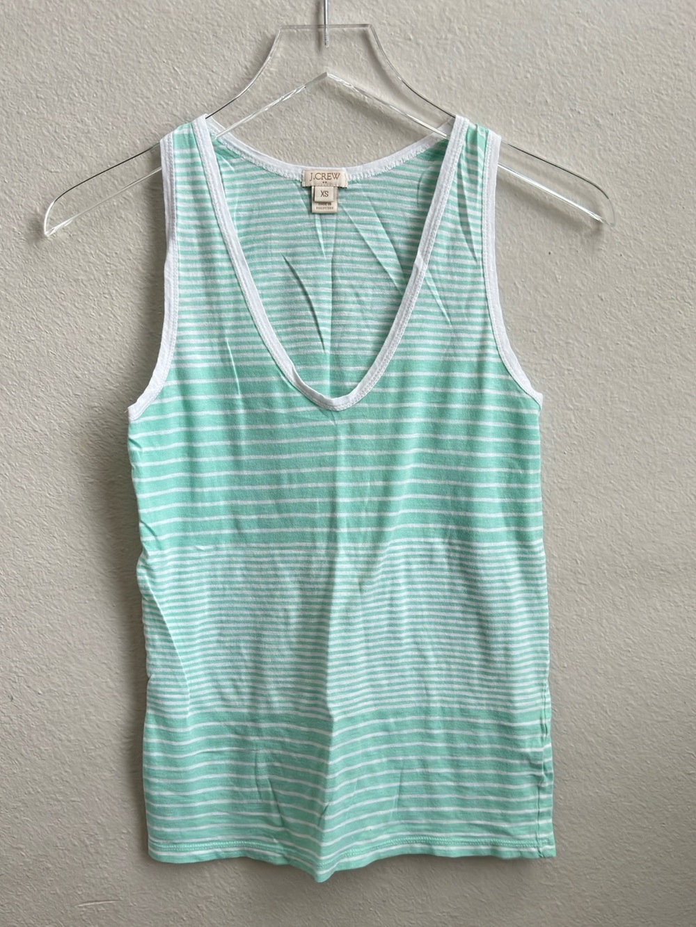 J. Crew Mint and White Striped V-Neck Tank